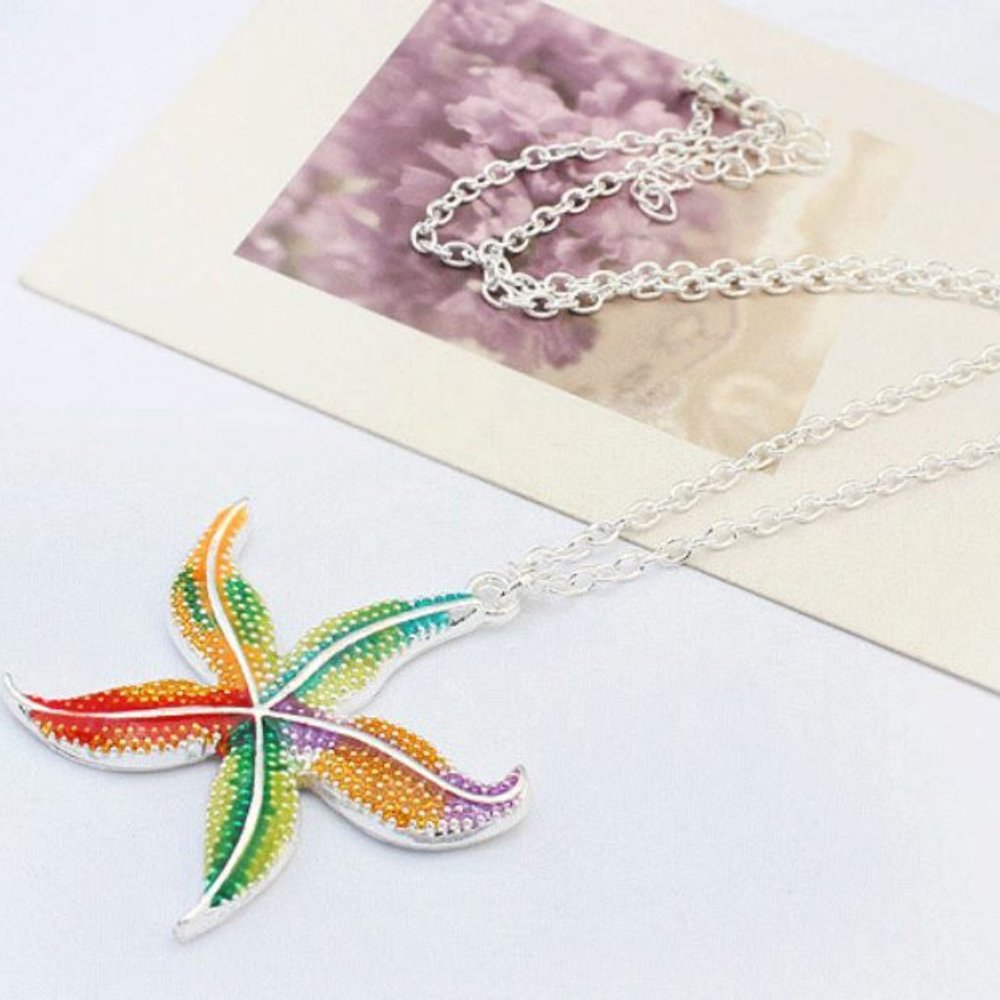Sparkly Starfish Pendant Necklace Silver Tone Colorful Enamel Star Holiday Gift